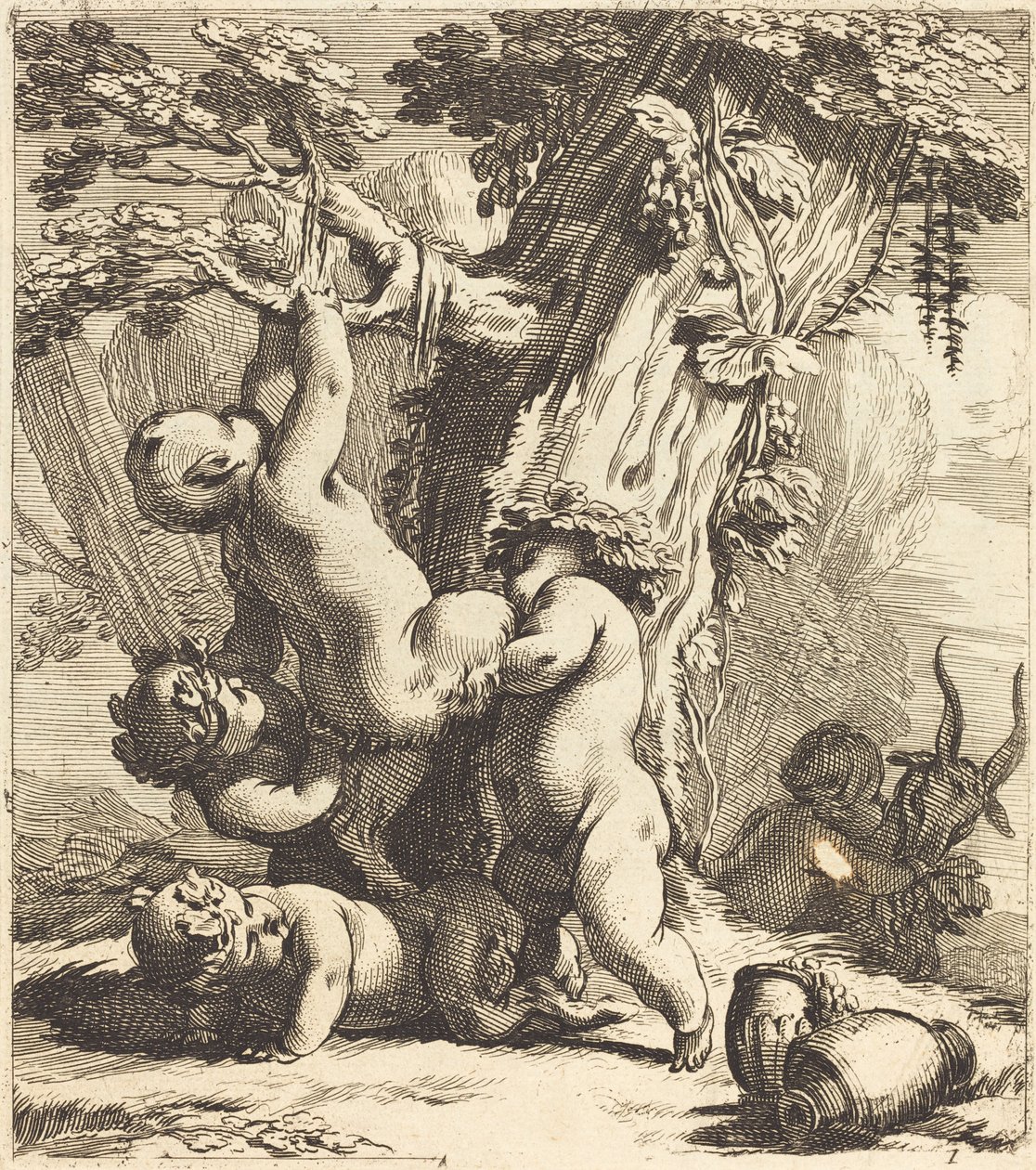 Putti and Fauns Climbing a Grapevine by Michel Dorigny