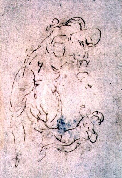 Sketch of Reclining Male and Child (red chalk) by Michelangelo Buonarroti