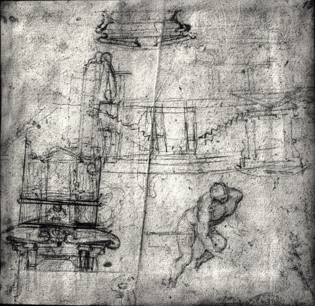 Sketch with architectural studies and a male nude by Michelangelo Buonarroti