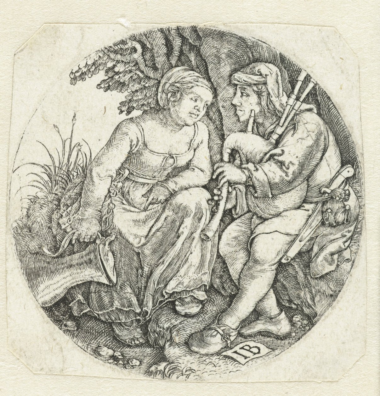 Bagpipe Player and Young Woman by Monogrammist IB