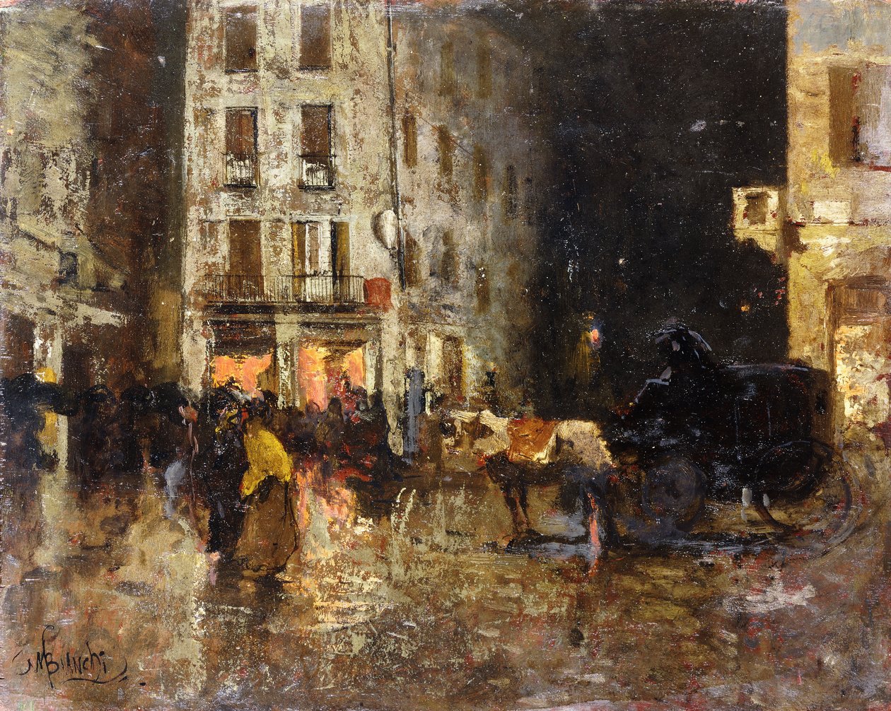 A Street Scene at Night by Mose Bianchi