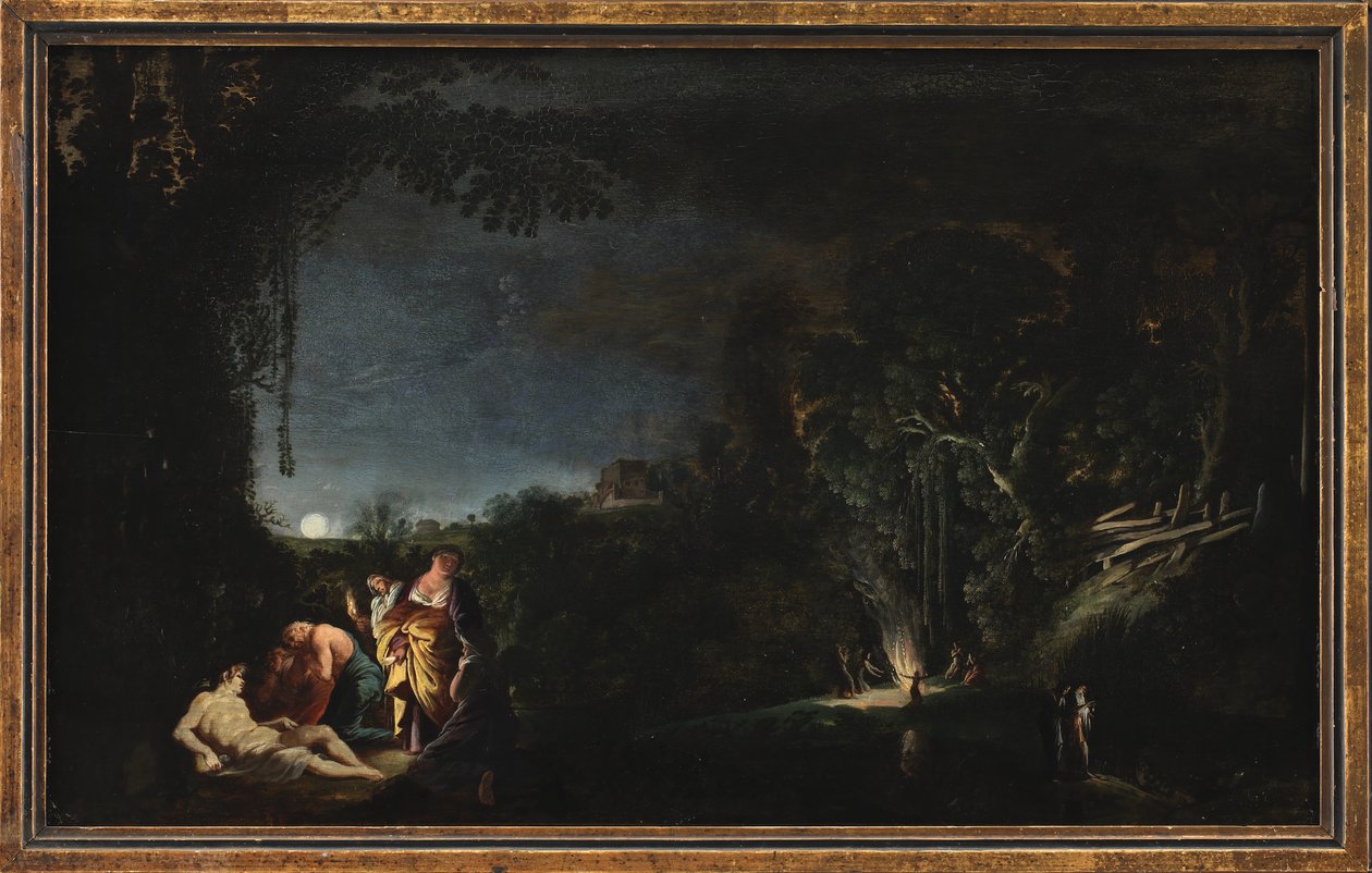 Moonlit Landscape with Mythological (?) Motif by Moyses van Wtenbrouck