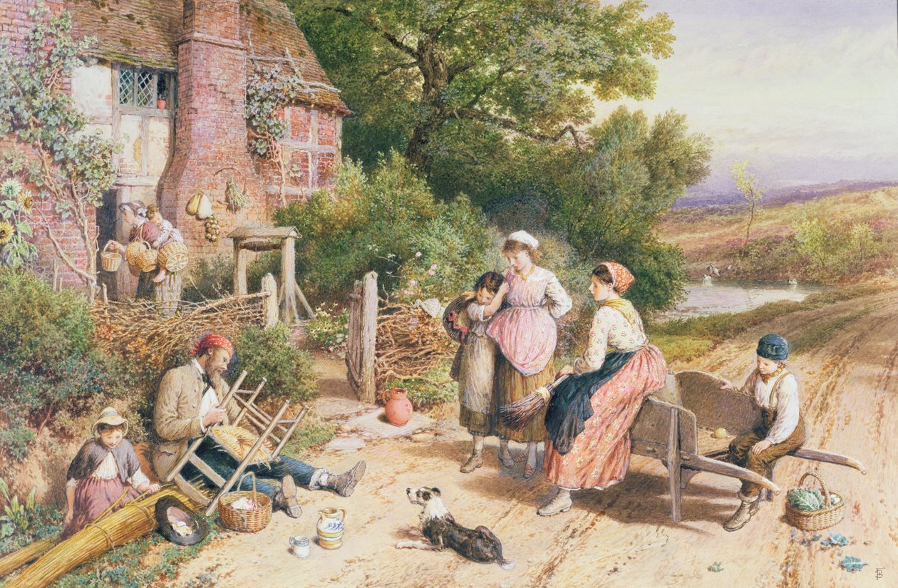 Travelling Chair Mender and Pedlar with Baskets near Witley, Surrey by Myles Birket Foster