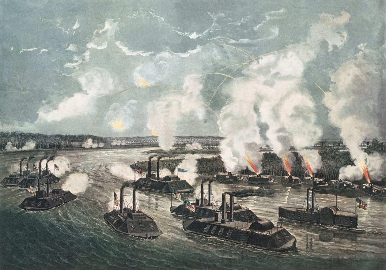 Bombardment and Capture of Island No.10 on the Mississippi River, 7th April 1862 by N. and Ives, J.M. Currier