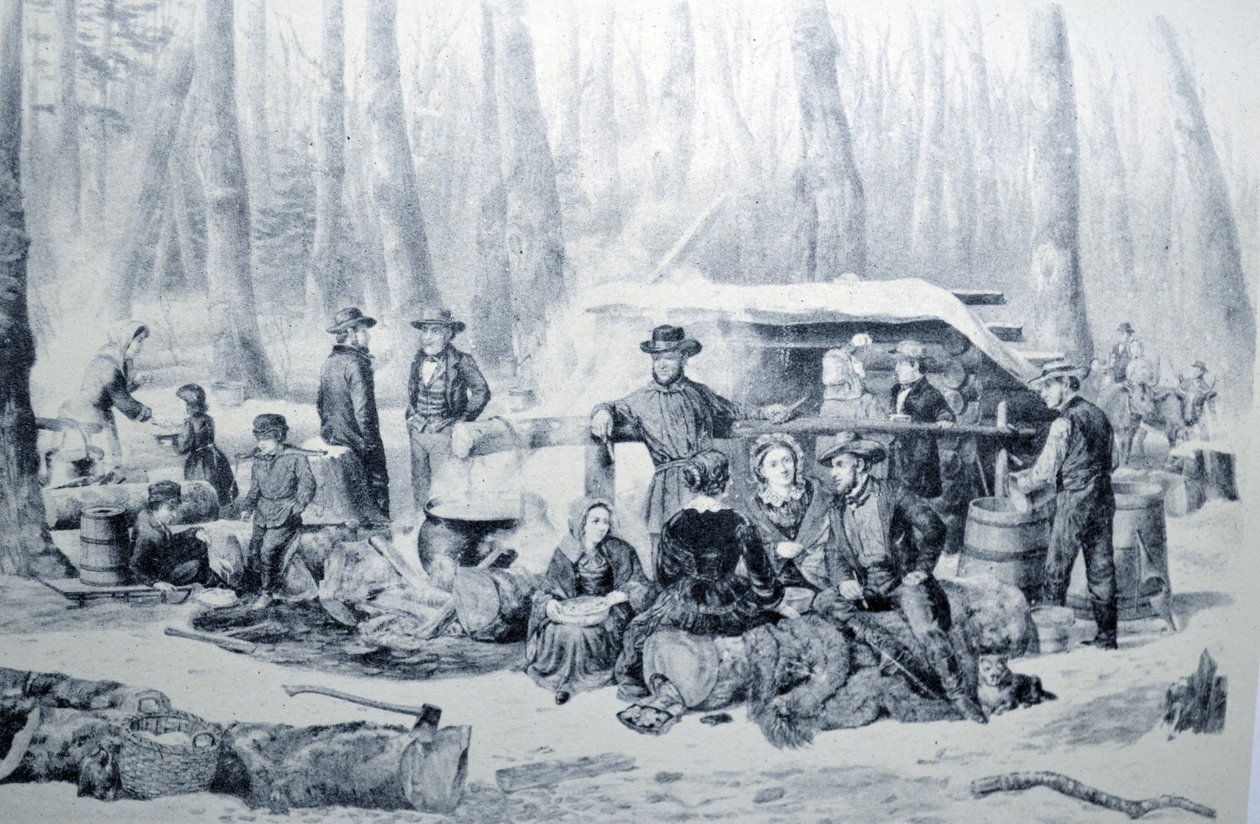 Currier & Ives Illustration 19th Century. American Forest Scene, Maple Sugaring by N. and Ives, J.M. Currier