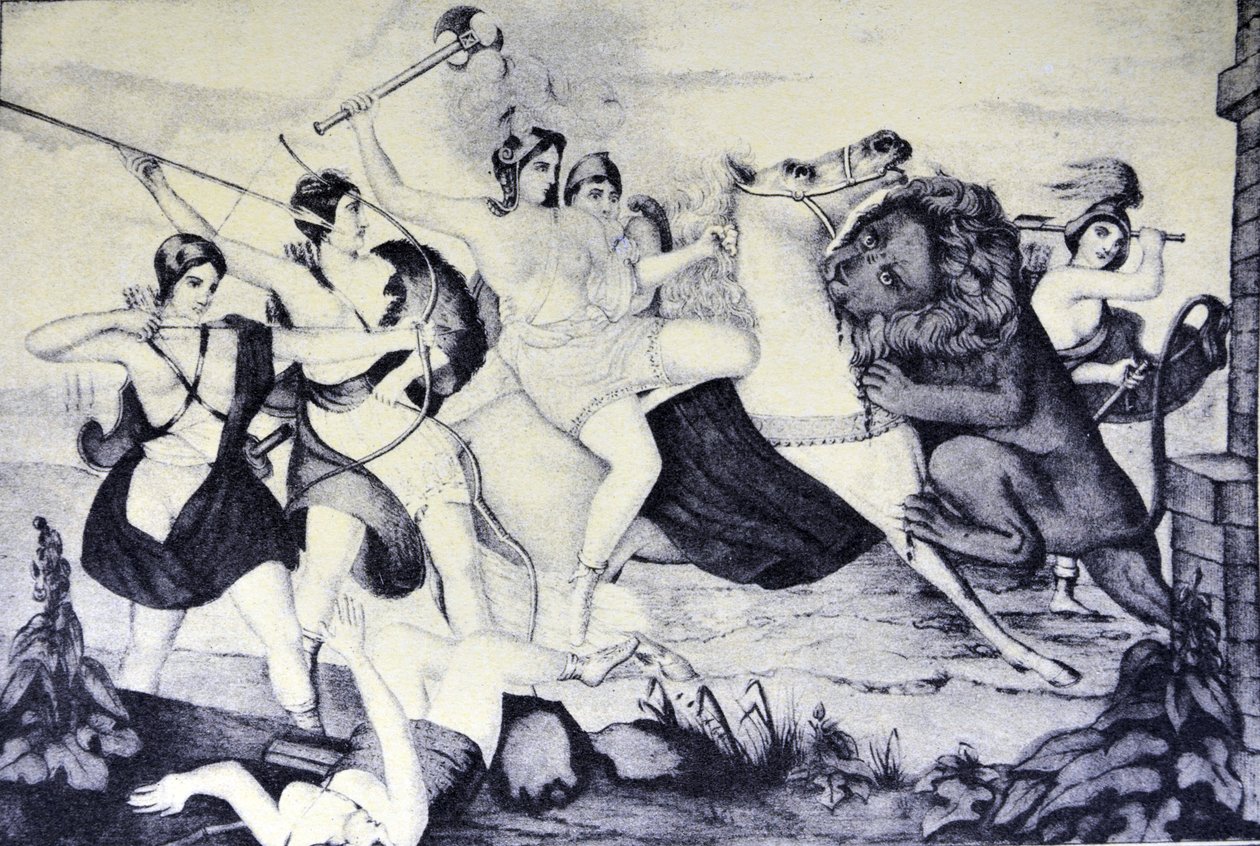 Queen of the Amazons Attacked by a Lion by N. and Ives, J.M. Currier