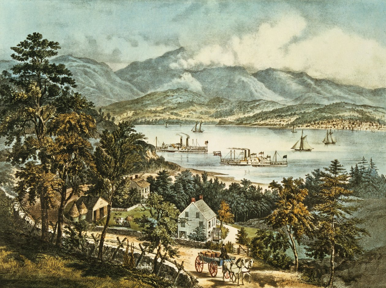 The Catskill Mountains from the Eastern shore of the Hudson by N. and Ives, J.M. Currier