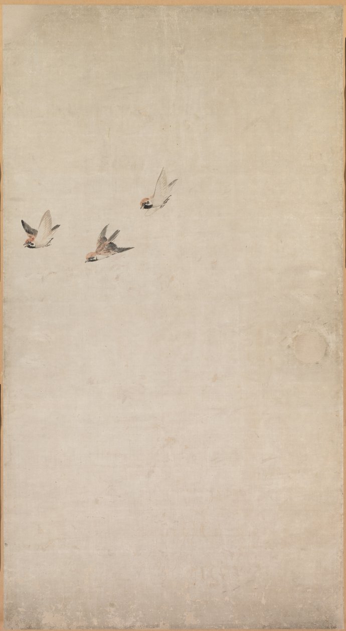 Puppies, Sparrows and Chrysanthemums by Nagasawa Rosetsu