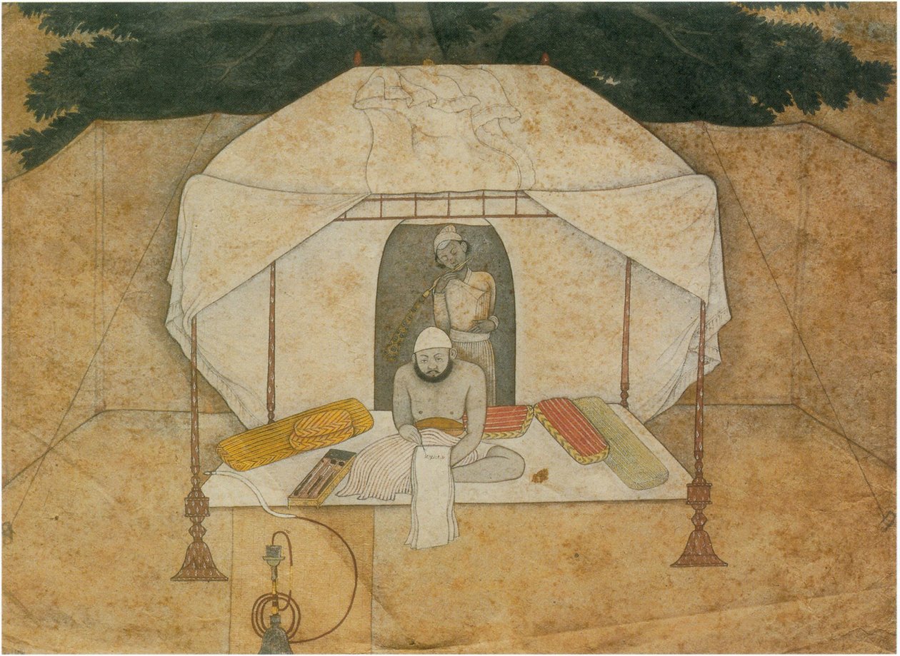 Balwant Singh Seated Writing on a Camp-Bed by Nainsukh