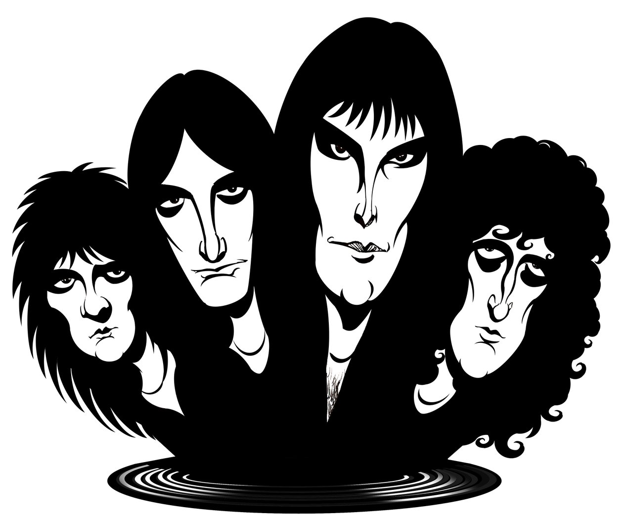 British rock band Queen; caricatured from left to right: Roger Taylor by Neale Osborne