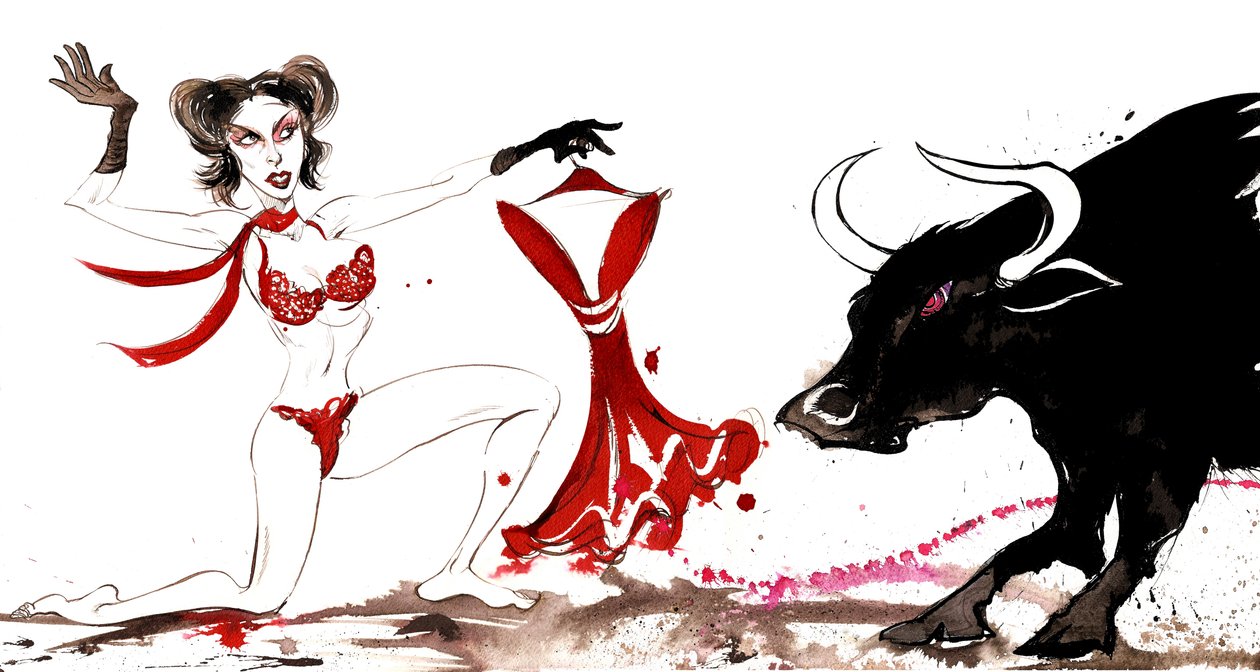 Signs of the Zodiac: Taurus toreador from a series of fashion caricatures by Neale Osborne