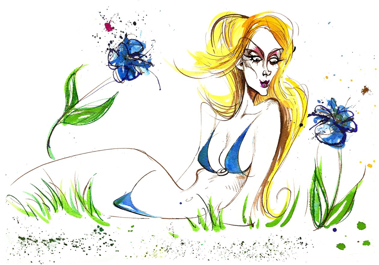 Signs of the Zodiac: Virgo blue belle from a series of fashion caricatures by Neale Osborne