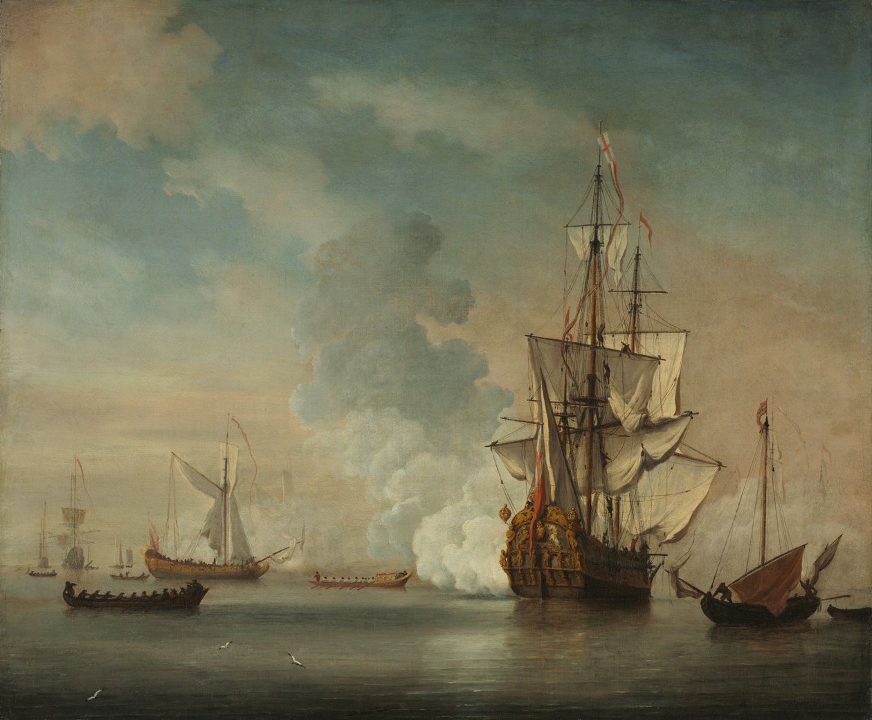English Warship Firing a Salute by Netherlandish School