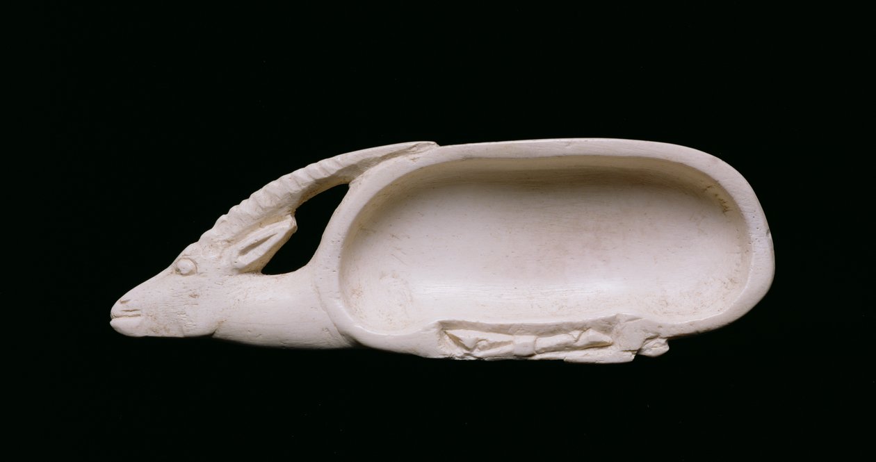 Perfume spoon in the shape of a gazelle with bound legs, from Qaw el-Kebir by New Kingdom Egyptian