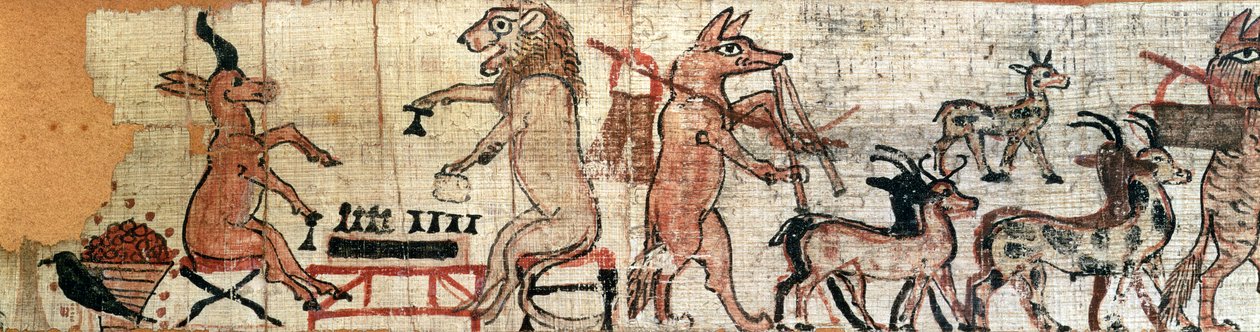 The Satirical Papyrus, detail (left) showing a lion and an antelope playing the senet game, from Thebes, c.1100 BC by New Kingdom Egyptian