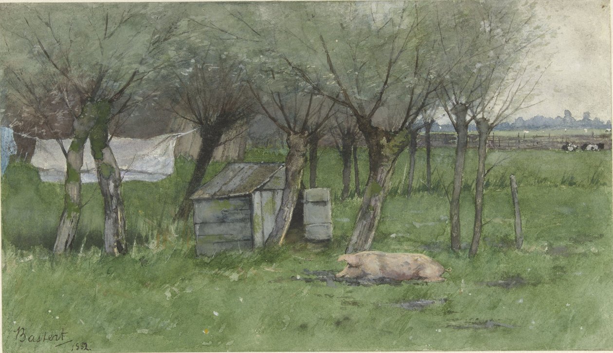 Farmyard with Lying Pig in a Loft Under the Willows by Nicolaas Bastert