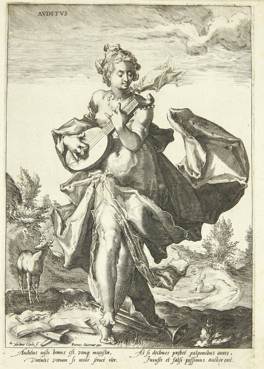 Hearing by Nicolaes Jansz. Clock