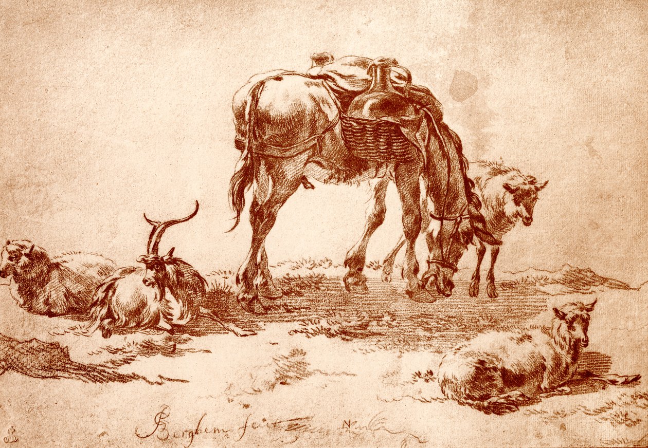 Pasture with Donkey, Goat and Sheep by Nicolaes Pietersz. Berchem