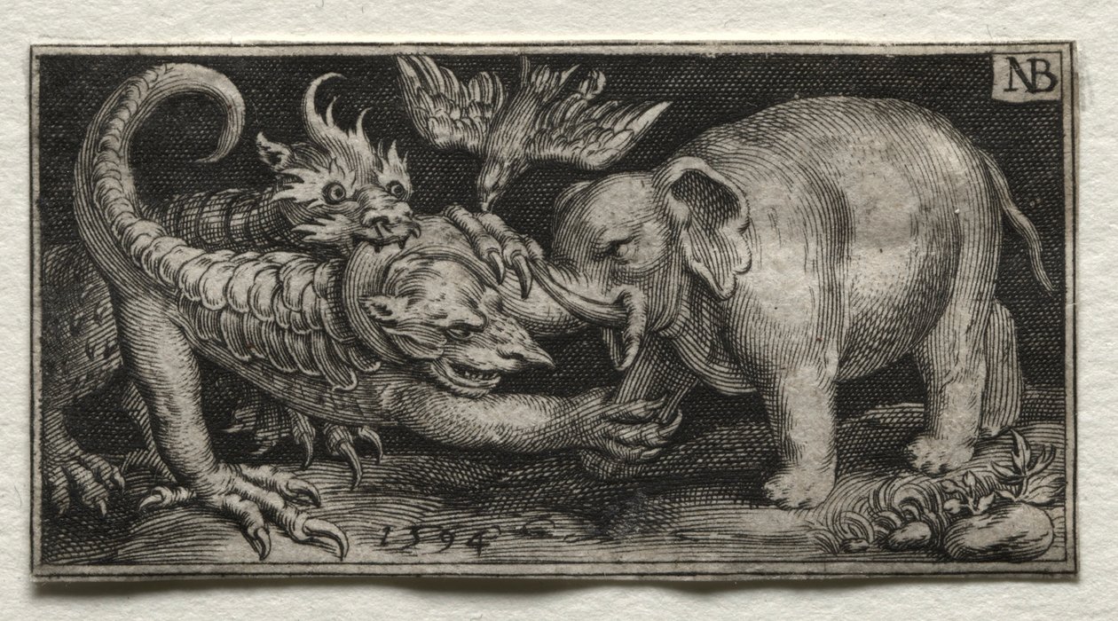 Elephant Fighting Two Beasts by Nicolaes de Bruyn