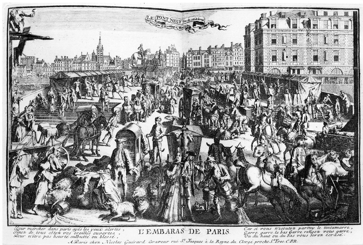 The Congestion in Paris, Pont Neuf from the Rue Dauphine by Nicolas Guerard