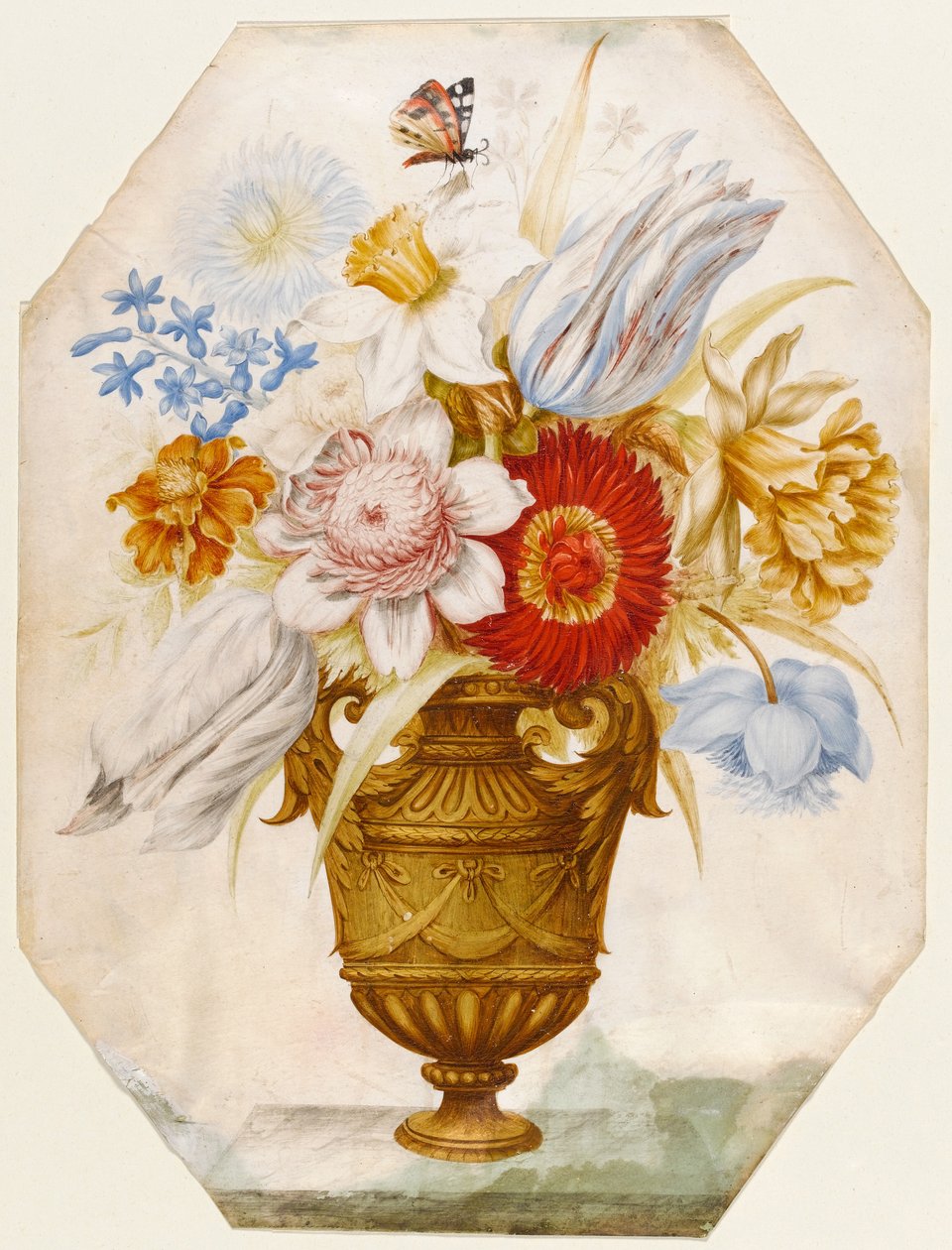 Still Life of Flowers in a Vase Which Stands on a Ledge with a Butterfly Resting on Narcissi by Nicolas Robert