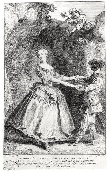 Harlequin and Colombine in a comedy by Louis de Boissy, engraved by Laurent Cars by Nicolas after Lancret