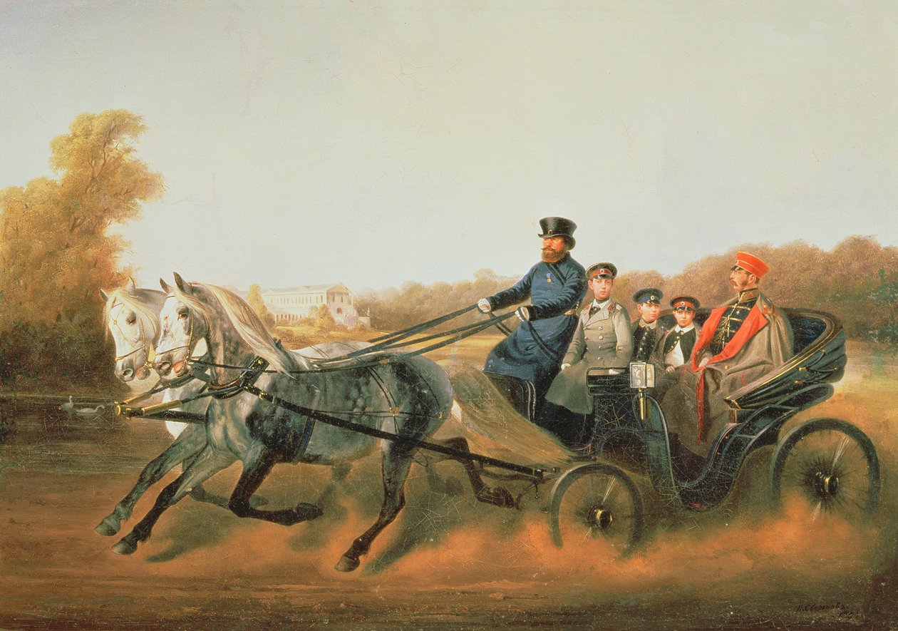 Tsar Alexander II Driving with His Sons in Zarskoje Selo, 1850s by Nikolai Egorevich Sverchkov