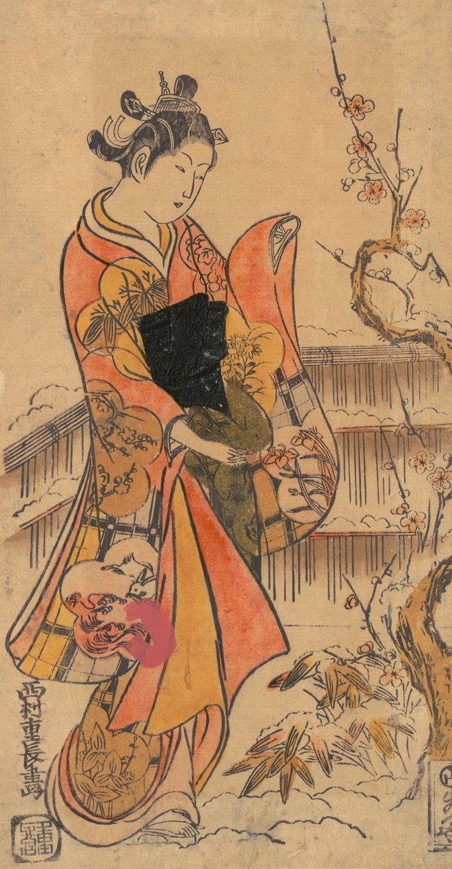 A Young Lady in a Garden by Nishimura Shigenaga