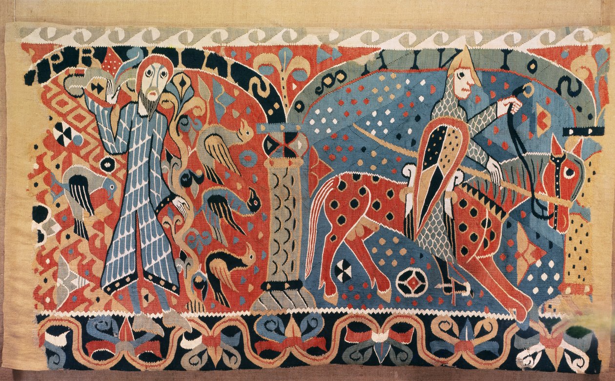 Norman Cavalier on a Piebald Horse and a Man Surrounded by Birds (detail) by Norwegian School