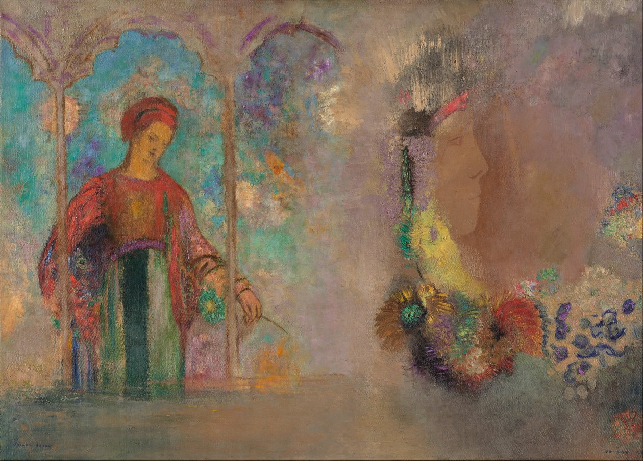 Woman in a Gothic Arcade - Woman with Flowers by Odilon Redon