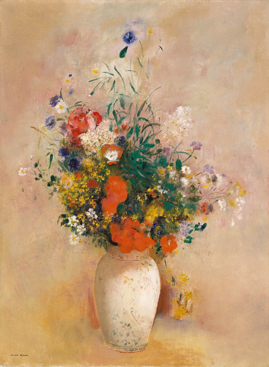 Vase of Flowers Pink Background by Odilon Redon