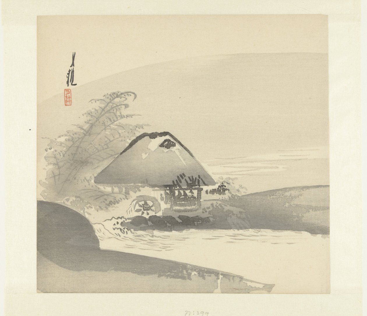 River Landscape with House and Waterwheel by Ogata Gekko