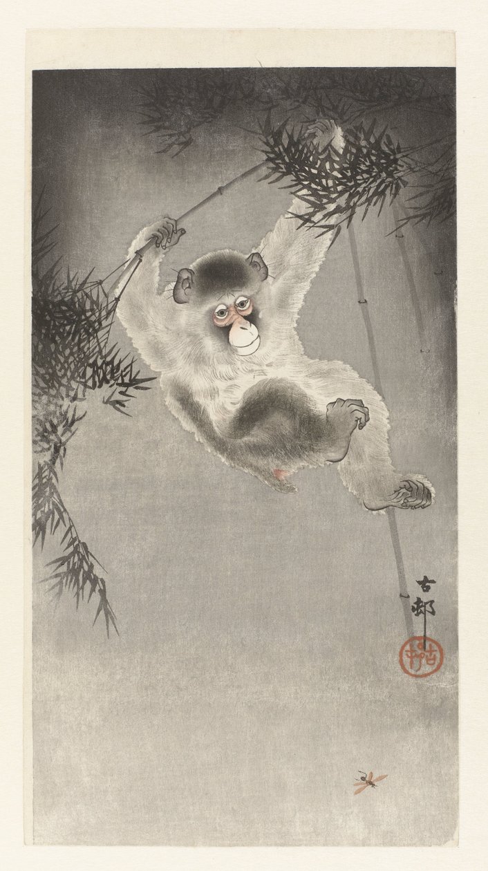 Monkey Hanging from Bamboo Branch by Ohara Koson