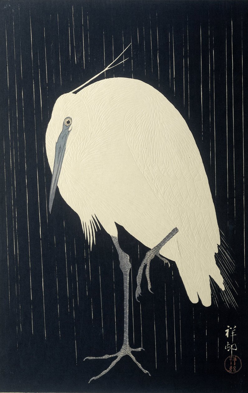 Egret in the Rain by Ohara Koson