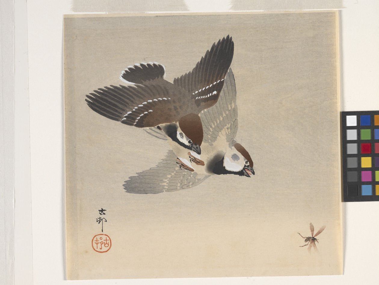 Sparrows Chasing Flying Insect by Ohara Koson