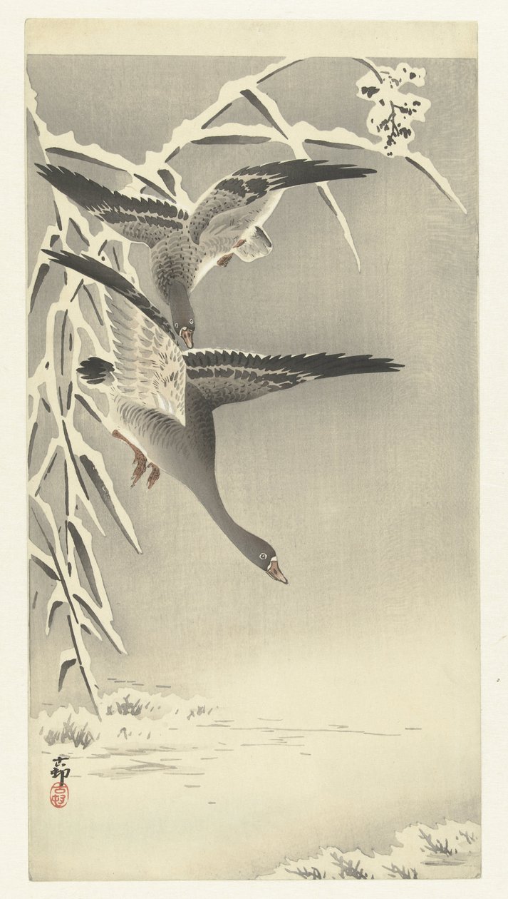 Two White-fronted Geese in a Snowy Landscape by Ohara Koson