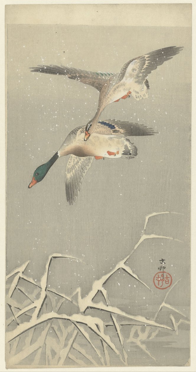Two Wild Ducks in Flight by Ohara Koson