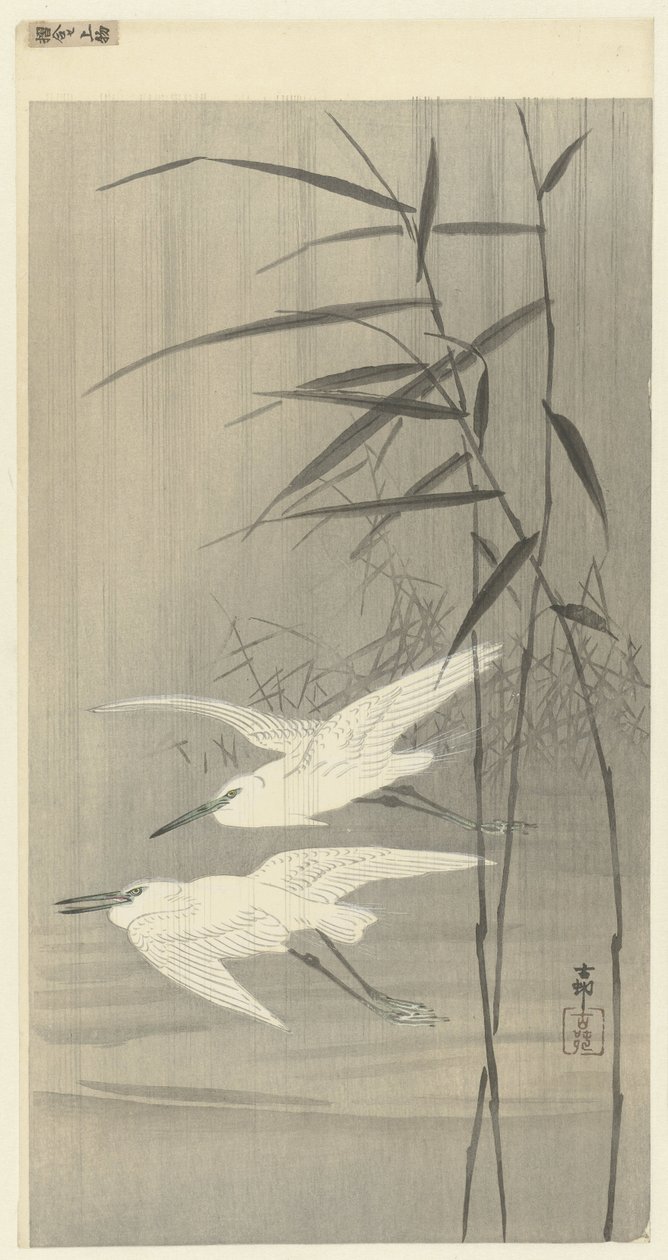 Two Egrets in Flight by Ohara Koson