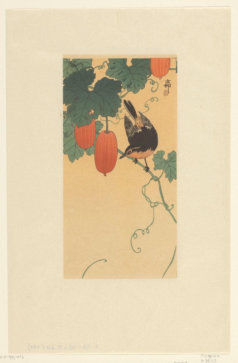 Songbird on Plant with Red Fruits by Ohara Koson