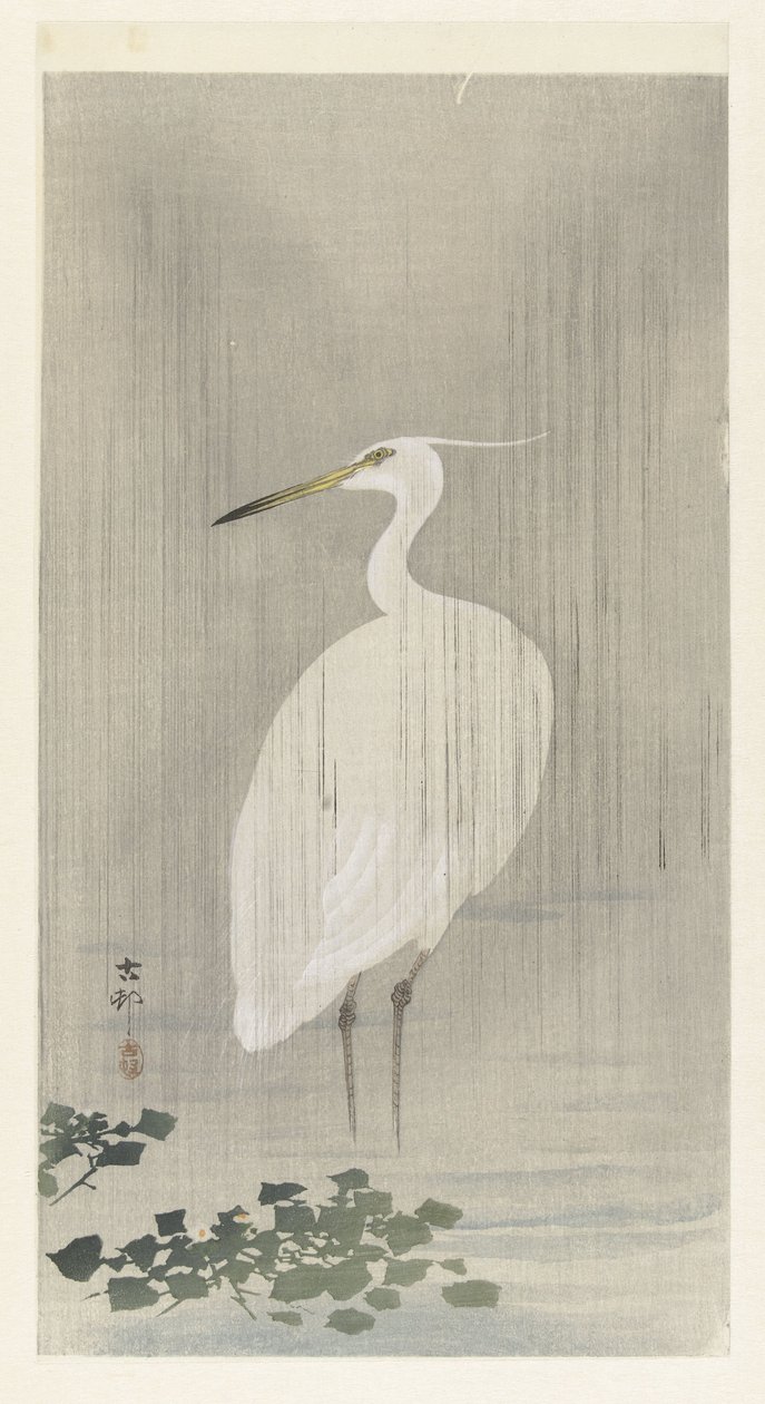 Silver Heron in Rain by Ohara Koson