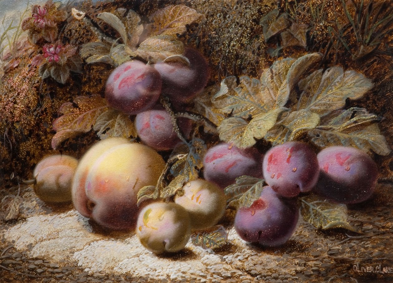 Still Life with Peach and Plums by Oliver Clare