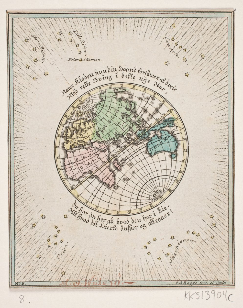 World map with poems by Oluf Olufsen Bagge