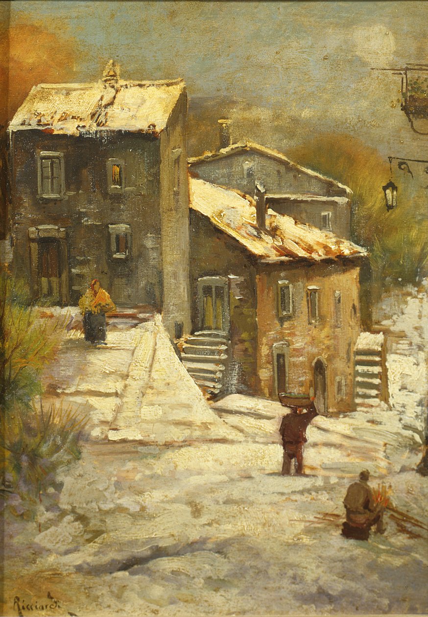 Figures in a Snowy Village by Oscar Ricciardi