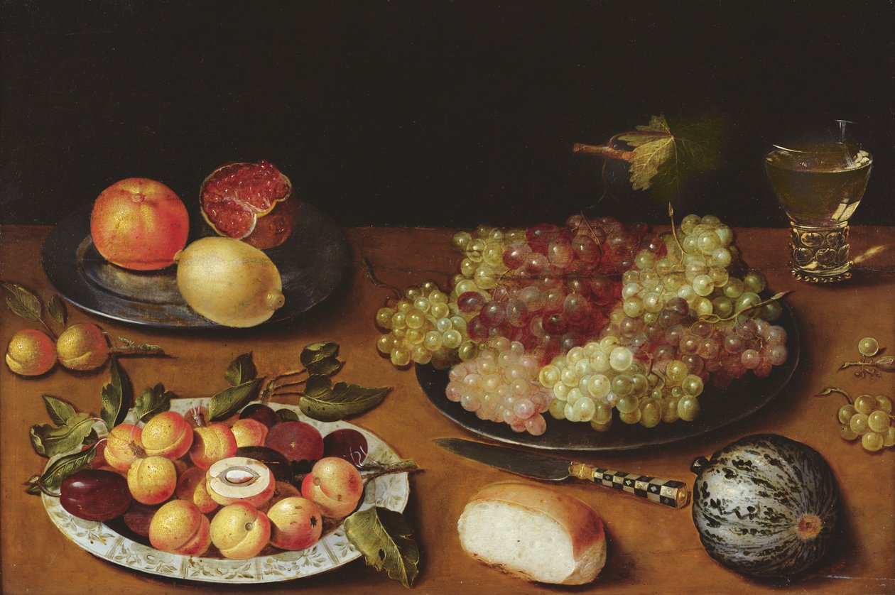 Still life with grapes, pomegranates and apricots by Osias the Elder Beert