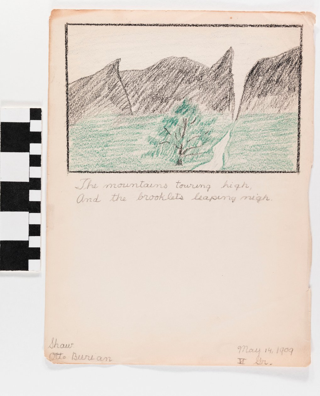 Crayon Illustration on Paper of Mountains with Poem Below by Otto Burian