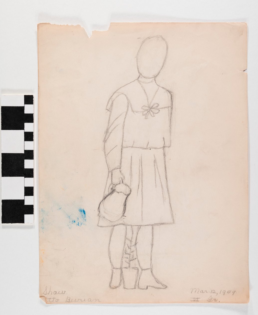 Pencil Drawing of Girl Wearing a Dress, Carrying a Pitcher, with a Plant in a Planter by Her Feet by Otto Burian