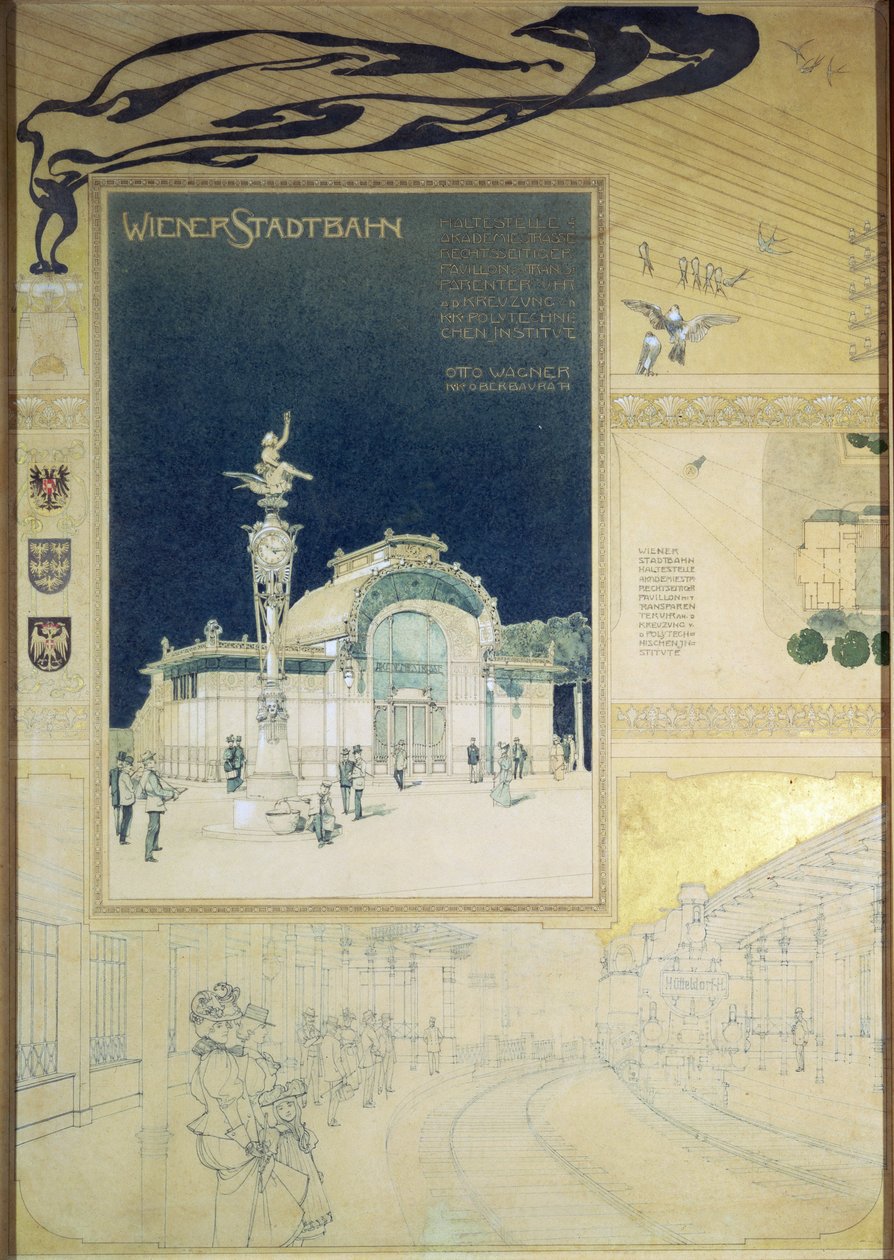 The Stadtbahn Pavilion of the Vienna Underground Railway, Design Showing the Exterior and a View of the Railway Platform, c.1894-97 by Otto Wagner