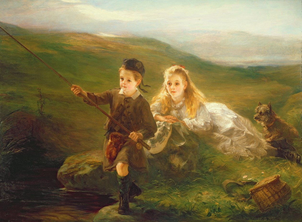 Two Children Fishing in Scotland by Otto Leyde
