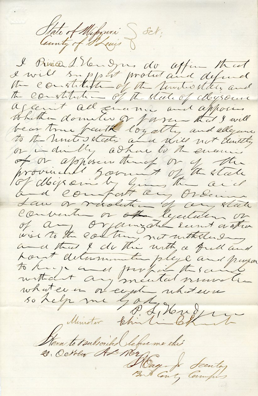 Swears Oath of Allegiance to the Government of the United States and the State of Missouri by P.L. Hudgens