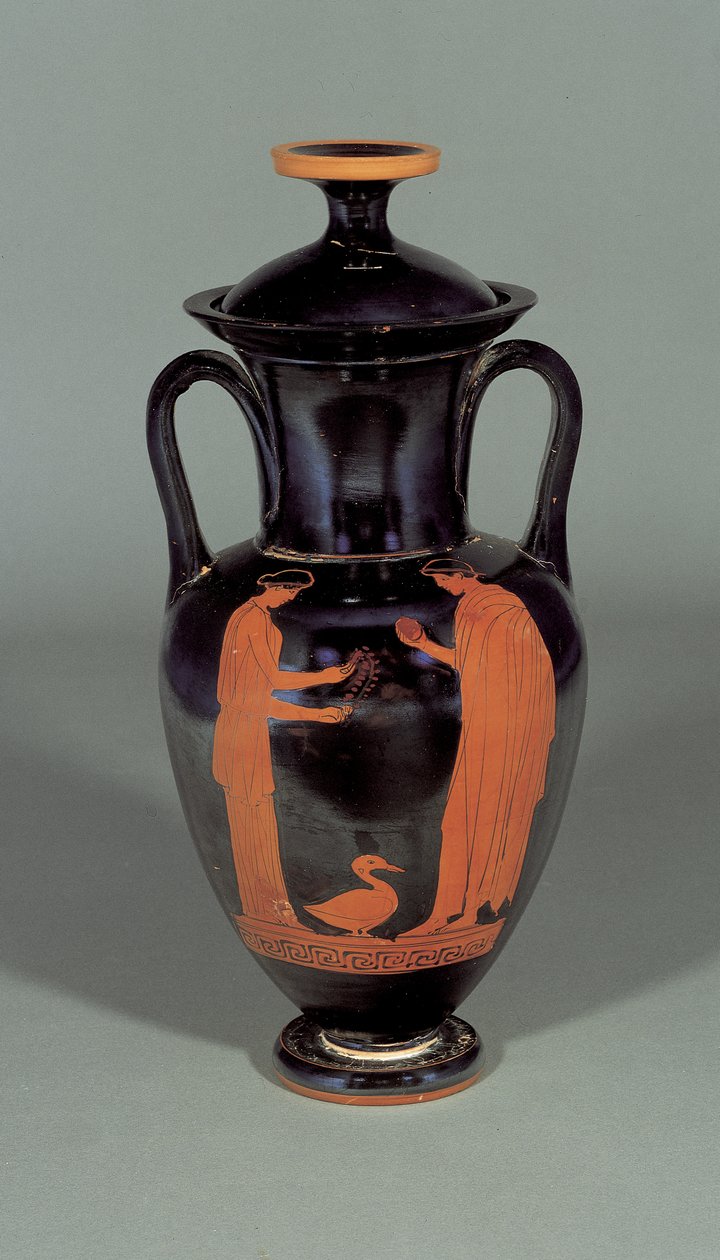Attic red-figure nolan amphora depicting two figures and a duck, 460-450 BC by Painter of London E342